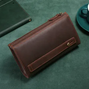 Klassische braune Herren Geldbörse aus echtem Leder Lange Business Clutch Tasche