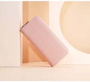Pink leather long wallet for women large capacity zip around card holder chic clutch purse
