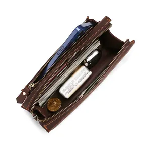 Vintage Herren-Langbrieftasche aus echtem Leder und Business-Clutch mit Doppelreißverschluss