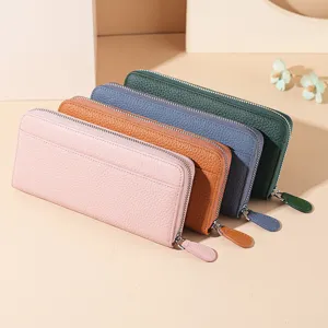 Genuine leather long zip wallet for women, multi-card slot large capacity clutch purse display.