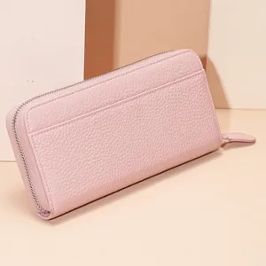 Pink genuine leather women's long zipper wallet with multiple card slots and large capacity