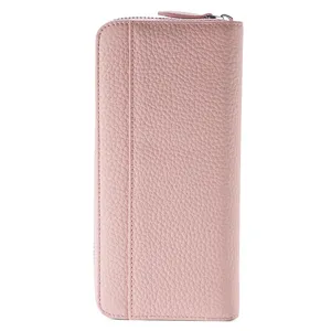 Elegant pink genuine leather long wallet for women with zipper closure and spacious card slots.