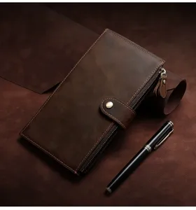 Detail view of crazy horse leather long men's wallet with zipper and snap button