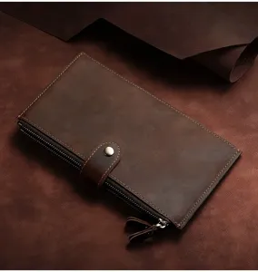 Detail view of vintage crazy horse leather long wallet with premium stitching and zipper.