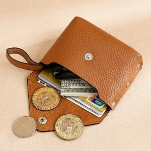 Monedero de Cuero Genuino para Mujer Primera Capa Piel de Vaca Cartera Pequeña Textura de Lichi Mini Bolsa Con Correa de Muñeca Botón de Presión para Llaves Tarjetas