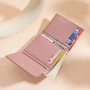 Elegante portafoglio corto da donna in vera pelle rosa con protezione RFID e porta carte