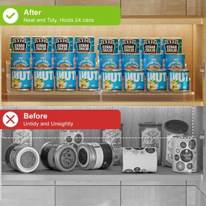 Expandable acrylic organizer showing before and after comparison in kitchen cabinet