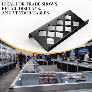 Black modular acrylic trading card display stand shown in a retail trade show setting
