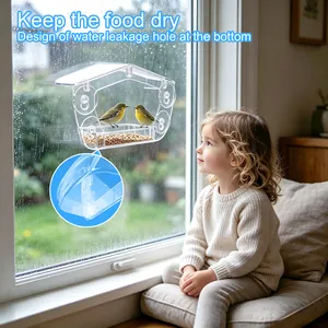 Detail des transparenten Acryl-Vogelhäuschens mit Abflusslöchern an einem Regenfenster