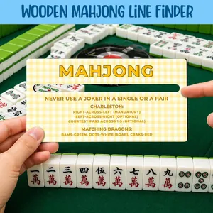 Detailed view of yellow checkered mahjong line finder card with printed game rules text
