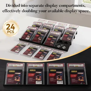 Modular black trading card display stand featuring twenty-four separate slots for graded slabs