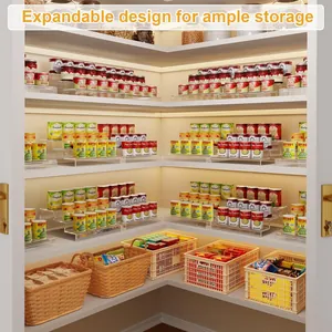 Transparent tiered acrylic expandable organizer shelf for pantry cans and kitchen spices