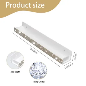 Detailed size dimensions of the 15-inch acrylic nail polish shelf with bling crystals