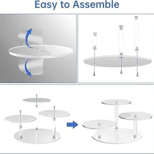 Detail showing easy step-by-step assembly guide for the clear 3-tier acrylic stand
