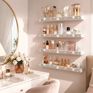 Elegant wall-mounted crystal glitter acrylic shelves displaying various luxury cosmetics.