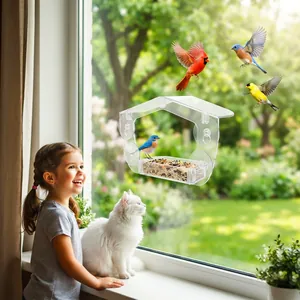 Transparente Vogelhaus-Fensterfütterung mit starken Saugnäpfen und bunten Vögeln.