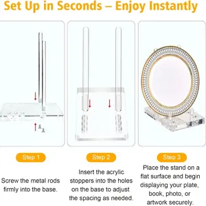 Step-by-step assembly guide for the acrylic plate display stand with adjustable rods