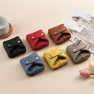Japanese Style Genuine Leather Mini Coin Purse Litchi Pattern Cowhide Earphone Lipstick Storage Bag Small Fold Pouch For Women