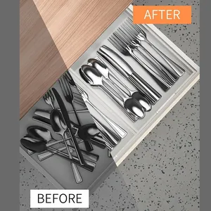 Comparación antes y después del organizador de cajones para cubiertos de acrílico.