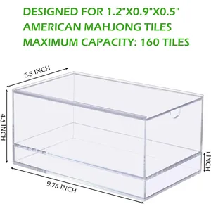 Clear acrylic storage box for 160 American Mahjong tiles with specific dimensions shown.