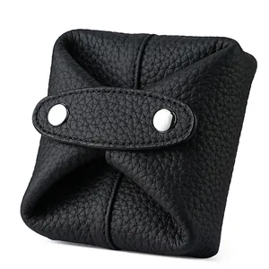 Black pebble grained genuine leather mini coin pouch and earphone case with silver snaps
