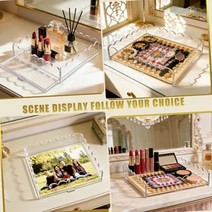 Versatile clear wavy acrylic tray with drawer showing various storage scenes for jewelry and makeup.