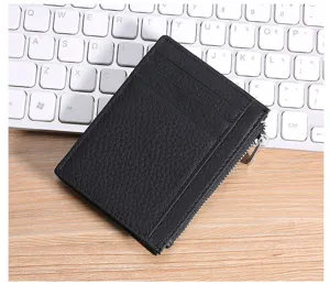 Close-up view of a black genuine leather card holder featuring multiple slots and a side zipper