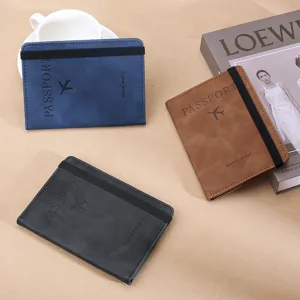 Leather travel passport wallet with elastic band, card slots and SIM card holder for flight.