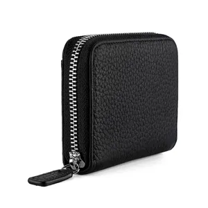 Compact black genuine leather accordion card holder with RFID blocking and coin zipper