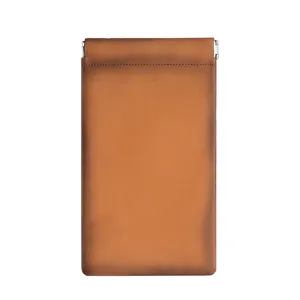 Ultra-thin genuine leather pouch with automatic spring closure for phone and glasses