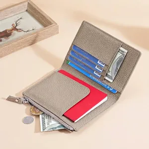 Portefeuille passeport RFID en cuir véritable avec fentes pour cartes et poche zippée