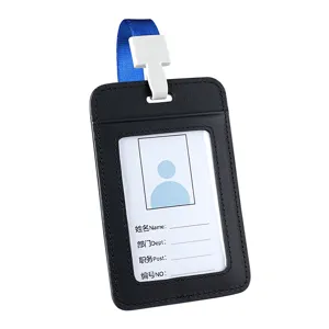 Professional black leather ID card holder with blue lanyard and bilingual info card