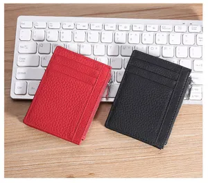 Slim pebble grain leather card holders in red and black colors with side zipper