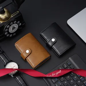 Premium automatic pop-up credit card holder wallet in PU leather, black and brown set