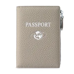 Protège-passeport RFID multifonctionnel en cuir grainé avec pochette zippée couleur taupe