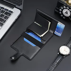 Professional black PU leather and aluminum automatic pop-up card wallet with money clip