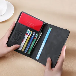 Black PU leather travel passport wallet holder with card slots and boarding pass pocket.