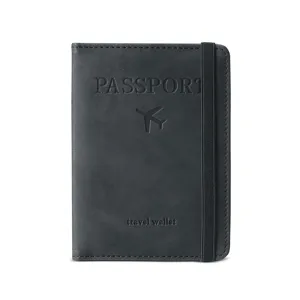Business travel passport wallet cover with elastic band, RFID blocking card holder for flight.
