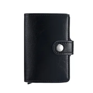 Minimalist black PU leather cardholder with aluminum pop-up mechanism and button closure