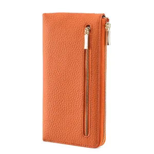 Elegante portafoglio lungo da donna in pelle bovina martellata arancione con RFID