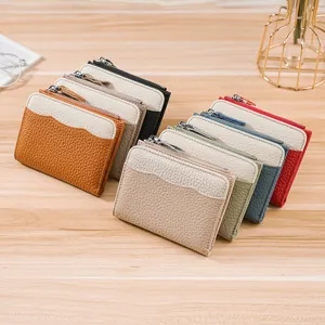 Genuine leather small coin purses with zipper and card slots in multiple colors