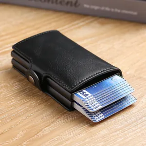 Tarjetero Automático Pop-up de Aleación de Aluminio de Doble Capa Bloqueo RFID Cuero PU Cartera de Negocios Unisex