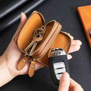 Funda para llaves de coche en cuero genuino premium con doble cremallera y dos compartimentos