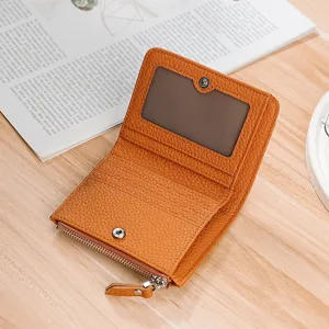 Genuine leather women's mini wallet in orange with RFID blocking and coin zipper pocket