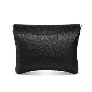 Black lychee pattern mini leather coin purse with metal spring clip closure for coins and keys