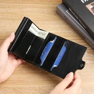 Tarjetero automático de aluminio negro de doble capa con compartimento para billetes