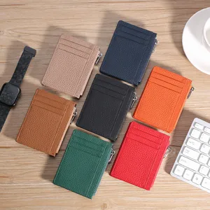 Premium genuine leather card holder wallets in multiple colors with zipper coin pocket