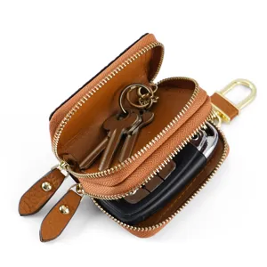 Estuche de cuero genuino de doble capa para llaves de coche con dos cremalleras