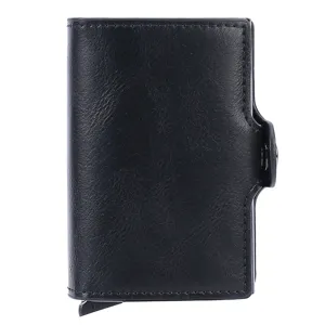 Tarjetero automático de cuero negro con carcasa doble de aleación de aluminio y metal