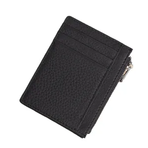 Black genuine leather slim card holder wallet with zipper coin pouch for men and women
